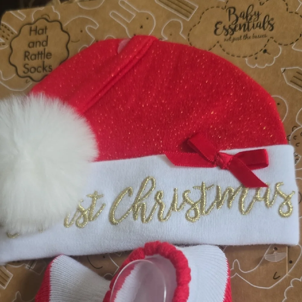 Baby Essentials Festive Red and White Hat and Sock Set
